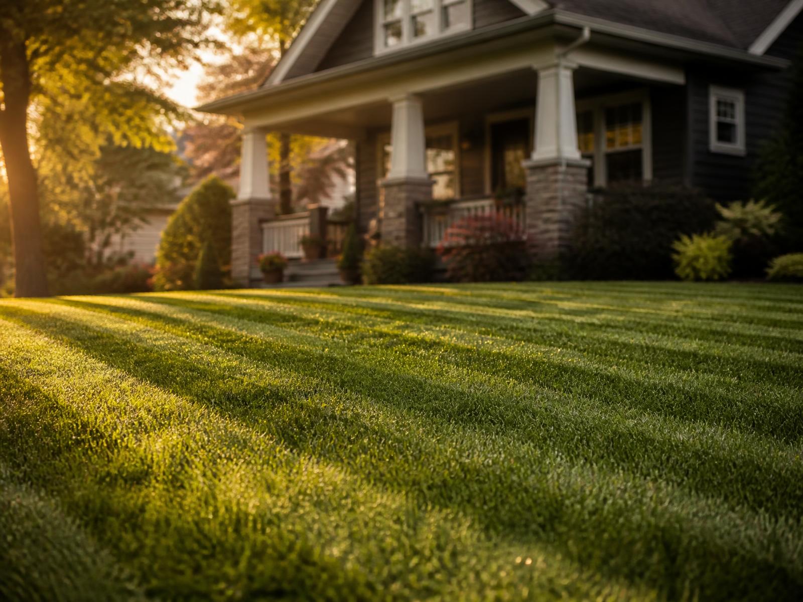 A freshly mowed front lawn with clean mower stripes in late afternoon light